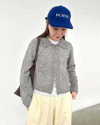 Perforated Collar Knit Zip-Up