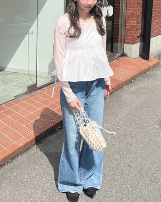 Half-open neck simple ribbed long-sleeve T-shirt