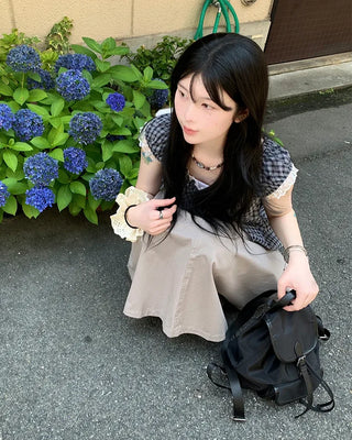 Checked layered off-shoulder blouse
