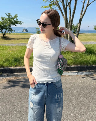Flower Sheer Scallop Short Sleeve T-Shirt