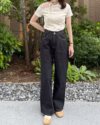 Dot Asymmetric Off-Shoulder Short-Sleeve T-Shirt