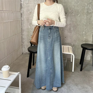 Flared long denim skirt