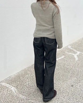 Stitched black straight denim pants