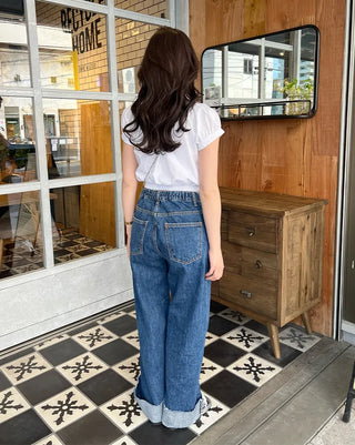 Rolled-up denim wide-leg pants