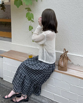 Checked banded long skirt
