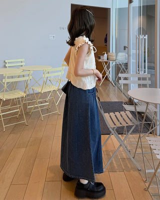 Elastic waist pocket midi denim skirt