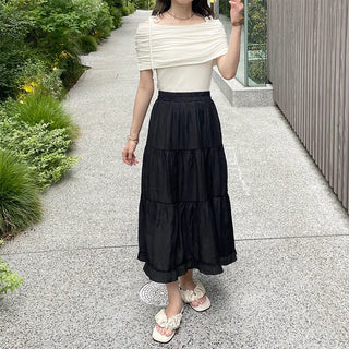 Ribbon open shoulder T-shirt