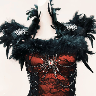 Feather spider applique beaded lace up maxi dress