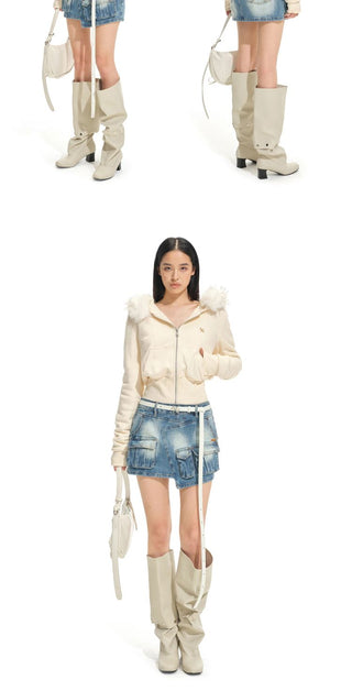 [NOTAWEAR] Fur Collar Hooded Zip-Up  Sweatshirt