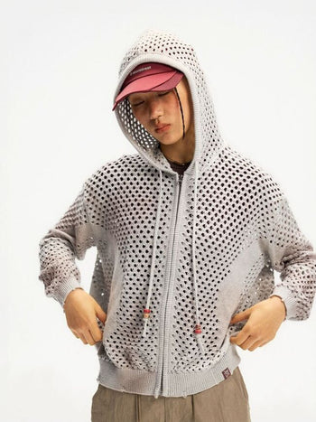 [Monterest] Spiral Mesh Washed Hooded Knit Cardigan
