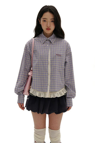 [Moromoro2] Layered Lace Hem Plaid Embroidered  Shirt