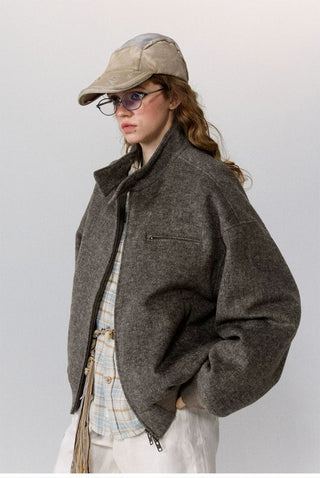 [Monterest] Wool Blend Stand Collar Harrington Jacket