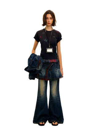 [Moromoro2] Star Patchwork Pleated Check  T-Shirt