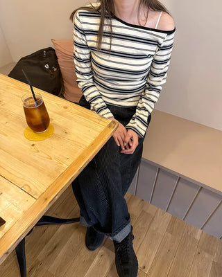 Half-off-shoulder striped T-shirt