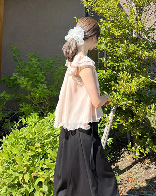 Frilled ribbon chiffon off-shoulder blouse
