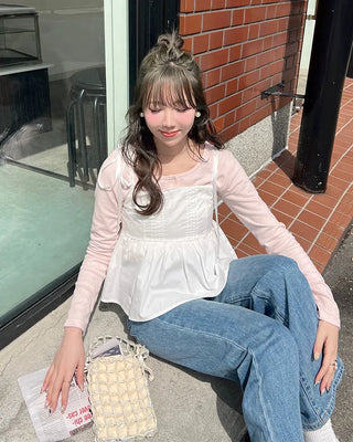 Half-open neck simple ribbed long-sleeve T-shirt