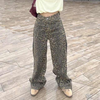 Leopard print denim pants