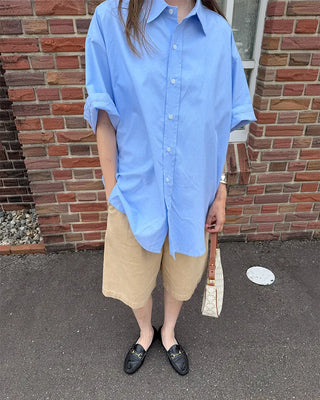 (Unisex) Oxford Overfit Half Sleeve Shirt