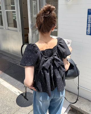 Front Ribbon Smock Gathered Blouse
