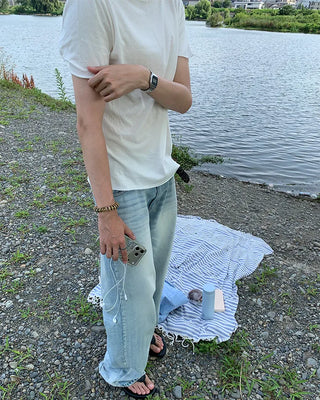 Washed denim pants with double back pockets