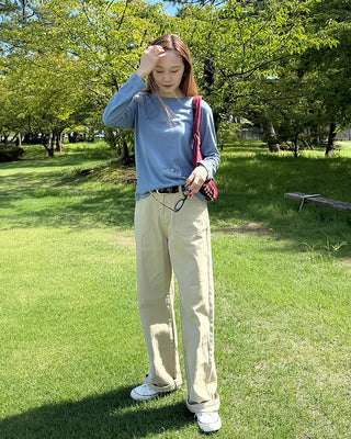 Simple round neck collar long-sleeve T-shirt