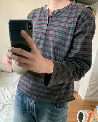 Pigment Border Point Henley Neck Long-Sleeve T-Shirt