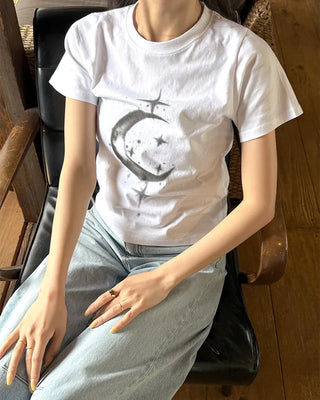 Moon print short-sleeved T-shirt