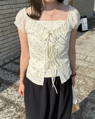 Dot pattern layered blouse with string