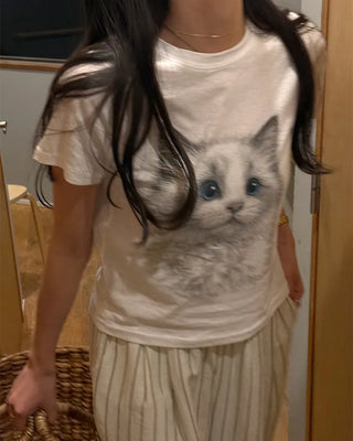Cat print short-sleeved T-shirt