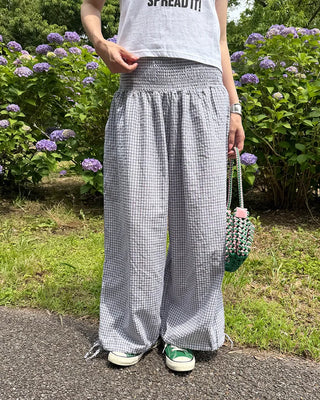 Shirred wide-waist gingham check pants