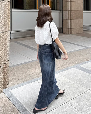 Washed denim long skirt