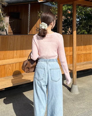 Half-open button ribbed knit