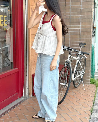 Checked ribbon sleeveless blouse