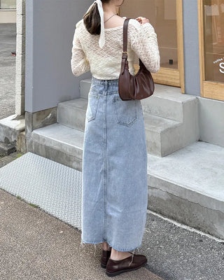Front slit slim fit denim long skirt
