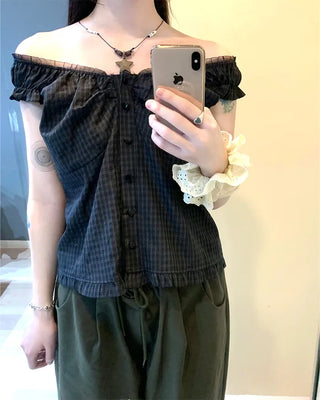 Lace shoulder shirred sleeveless blouse