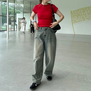 Gray wash denim wide pants