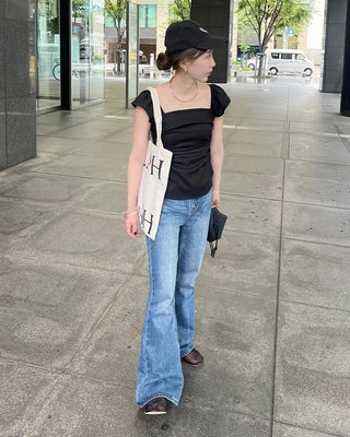 Frilled square neck shirred blouse