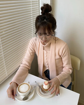 Ribbed cardigan and scarf set