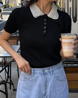 Pearl-embellished color-accented short-sleeved knit