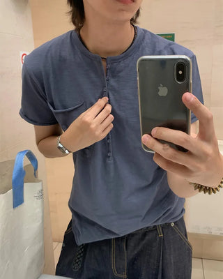 One-pocket slub henley neck short-sleeved T-shirt