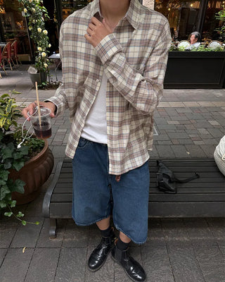 Oversized seersucker check long-sleeved shirt