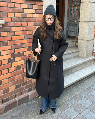High-neck belted long coat