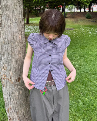Puff-sleeve checkered blouse