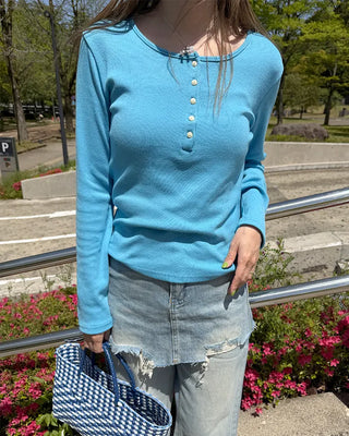 Henley neck long-sleeve T-shirt