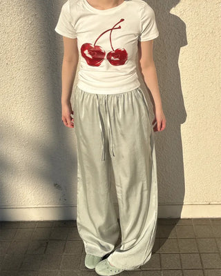 Waistband string silk wide-leg pants
