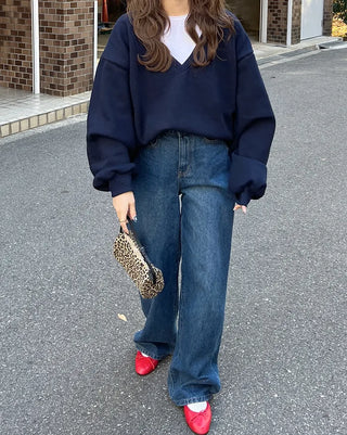 Brushed fleece deep V-neck sweatshirt