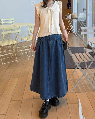 Elastic waist pocket midi denim skirt