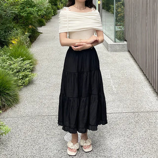 Ribbon open shoulder T-shirt