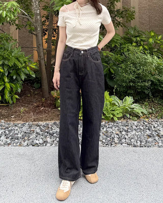 Dot Asymmetric Off-Shoulder Short-Sleeve T-Shirt