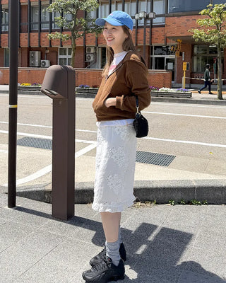 Flower punching frill midi skirt